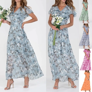 Maxikleid aus Chiffon mit Blumenmuster, V-Ausschnitt und Rüschenärmeln in vielen Farben