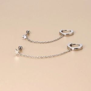 Silver stainless steel chain earring set with star charm and sparkling zircon stone