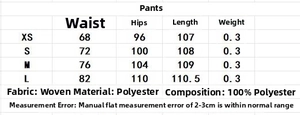 Size chart showing XS to L measurements for wide-leg trousers with embroidery side tape