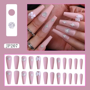 Pink matte long press-on nails with 3D bows, pearls and glitter stars set JP207