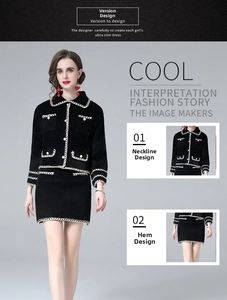 Detail of tweed style knit jacket showing chain trim, pearl buttons and premium texture