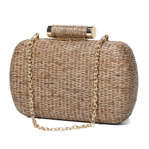 Elegant beige woven evening clutch bag with cylinder metal clasp and gold chain strap
