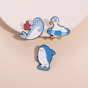 Cute shark, seal and duck enamel pins set, cartoon ocean animal metal brooches for clothing