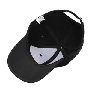 Inside view of black cotton baseball cap with skull embroidery and adjustable strap