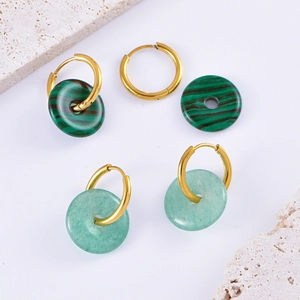 New Chinese style gold hoop earrings with green natural stone Pingan pendants