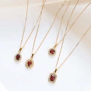 Set of 18K gold-plated stainless steel necklaces with red zircon pendants in four shapes