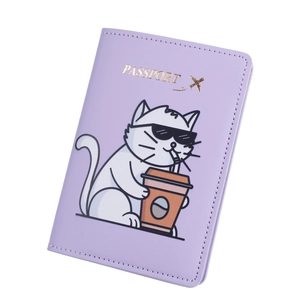 Detailed view of lavender PU leather passport cover with cute cartoon cat gold stamping