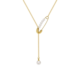 18k gold plated stainless steel pin necklace with faux pearl fringe pendant