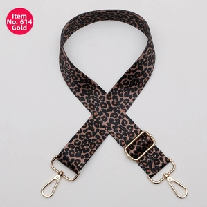 Adjustable leopard print wide shoulder strap with gold metal hardware and swivel hooks