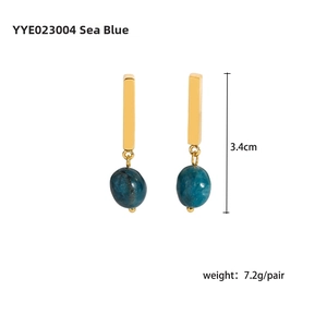 Detailed view of 18k gold earrings with sea blue natural stones and length measurements