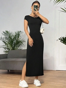 Elegant slim fit black short sleeve knitted maxi dress featuring a high side slit