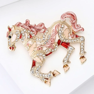 Macro shot of horse brooch detailing colorful enamel finish and sparkling crystal pavé