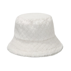 Winter plush white bucket hat with diamond lattice pattern for warm seasonal style
