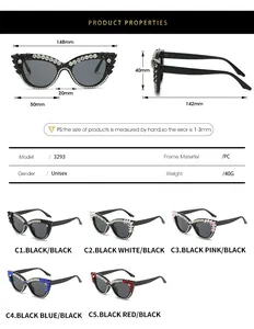 Detailed size chart for cat eye rhinestone sunglasses showing frame dimensions and colors