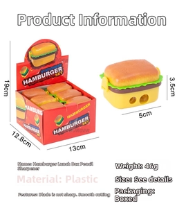 Detailed view of 2-in-1 hamburger pencil sharpener with size dimensions and set packaging