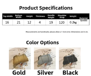 Detailed size chart and three colors of rhinestone evening bags with chain straps