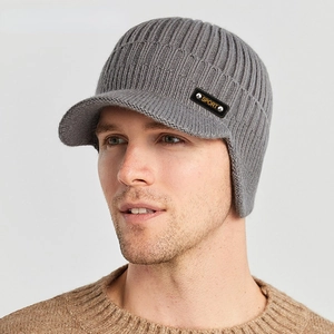 Men's winter thick knit earflap hat with brim and Sport leather patch in dark grey