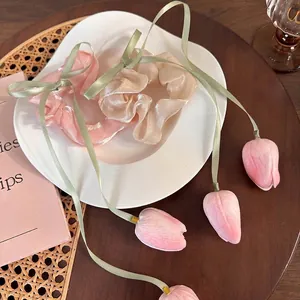 Tulip Flower Scrunchies Organza Hair Ties With Long Ribbon Streamers Romantic Sweet Handmade Accessories For Women
