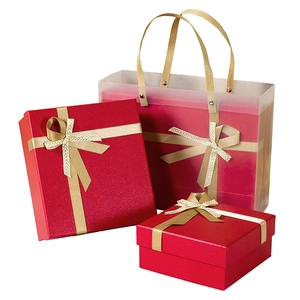 Elegant red gift box set with golden ribbons and frosted carrier bag for Christmas