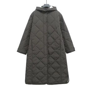 Women's long quilted hooded jacket in dark olive green with diamond pattern
