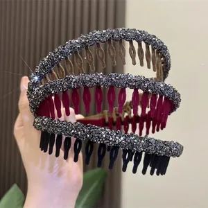 Elegant Rhinestone Flocking Headband With Teeth Non-Slip Hair Hoop French Style Thin Hair Accessories For Women