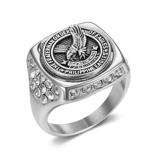 Polished stainless steel Philippine Eagles signet ring with side zircon stones