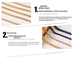 Detailed close-up of high-quality gold and black box chain necklaces in stainless steel