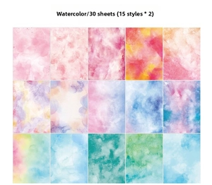 Detailed 15-style watercolor aesthetic scrapbooking paper set with 30 sheets in grid layout