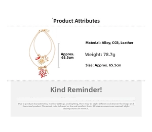 Detail view of double-layer ocean necklace with red coral and fish charms dimensions