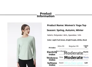 Detail showing polyester yoga top fabric composition and performance specs in light green