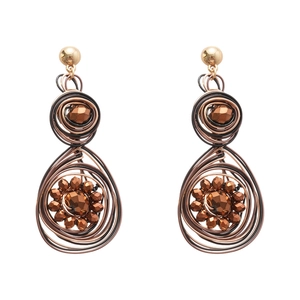Retro round geometric floral earrings with bronze wire woven drop and brown faceted beads