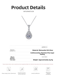 Close-up of teardrop Moissanite pendant with 925 silver plated chain and pavé diamonds