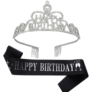 Silver crystal Happy Birthday tiara paired with a black satin party sash set