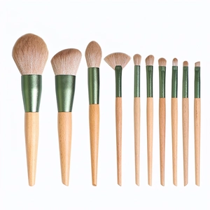 Professional 10pcs makeup brush set with solid wood handles and vintage green ferrules