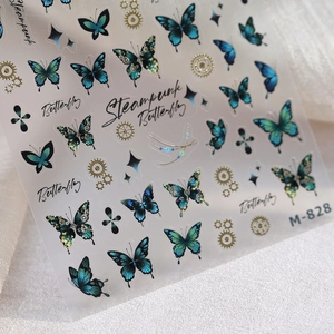 Steampunk butterfly nail stickers with gold gears and blue butterflies, model M-828