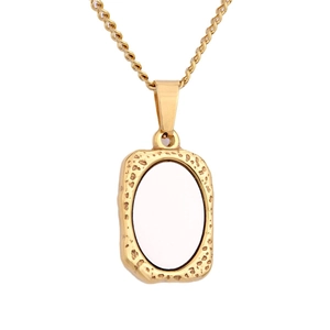 Minimalist gold rectangular mirror pendant necklace with white oval inlay on white background