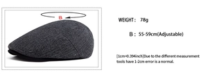 Detailed size chart for retro herringbone newsboy cap showing adjustable 55-59cm fit