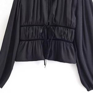 French retro black long sleeve blouse featuring waist pleats and velvet ribbon details