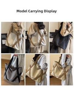 Detail view of large canvas tote bags in four colors showing cross-strap design and capacity