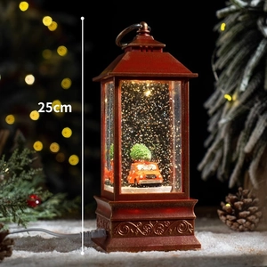 Lanterna di Natale rossa vintage con effetto neve e scena auto, decorazione festiva 25cm