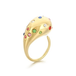 Minimalist gold adjustable open ring with vibrant multi-colored teardrop rhinestones