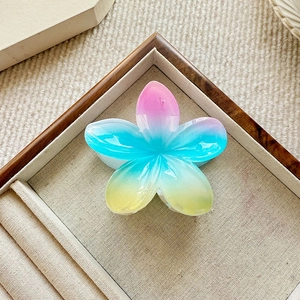 Gradient rainbow plumeria hair claw clip in a wooden jewelry tray for 2025 spring styling