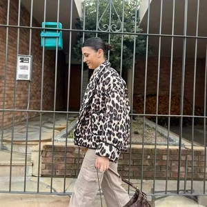 Leopard Print Quilted Jacket Women Loose Fashion Casual Long Sleeve Padded Coat With Pockets
