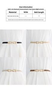 Detailed size chart for elastic thin waist belt with gold hook and four color swatches