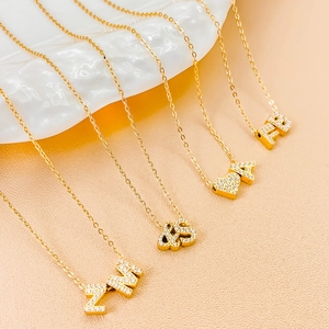 Close-up of hip hop name necklaces with cubic zirconia letters on golden metal chains