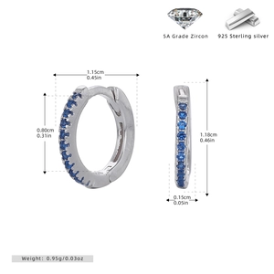 Detail of 925 sterling silver hoop earrings with blue cubic zirconia and dimensions