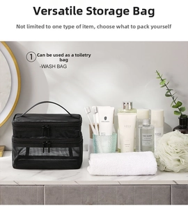Detail of black double-layer mesh toiletry bag with zipper and handle on a vanity