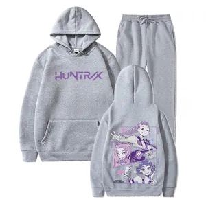 Detail view of grey Hoodrich tracksuit featuring KPOP anime graphic print and purple logo