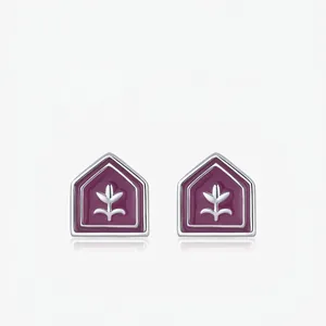 925 Sterling Silver Stud Earrings Purple Enamel Tulip Flower Pattern House Pentagon Shape Vintage British Style Women