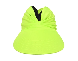 Detail of fluorescent green sun visor hat with wide brim and twisted pleat top